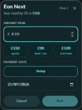 Logging a payment to Eon Next: an amount box, shortcuts for the agreed amount, what I can and a bit extra, and a date.